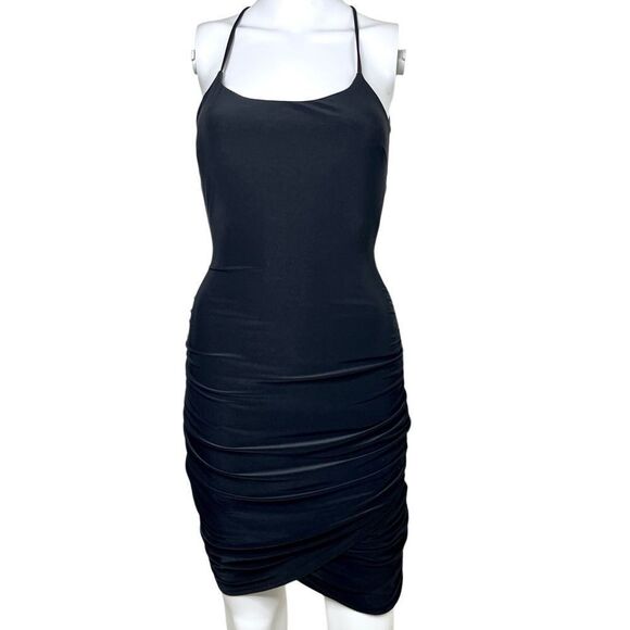 Black Ruched Bodycon Criss Cross Open Back Dress - Picture 1 of 2